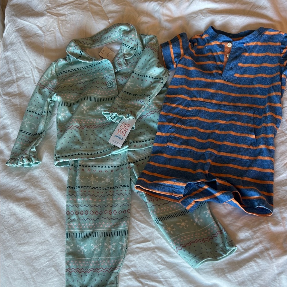 Striped Blue and Orange Baby Romper and Patterned Pajama Set 18-24 months